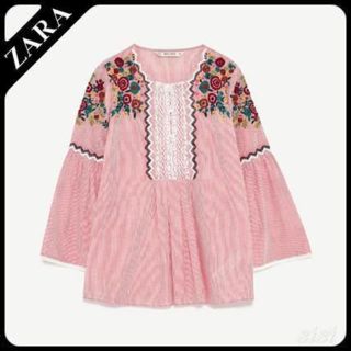 ザラ(ZARA)の【今期完売・稀少サイズ】ZARAストライプ刺繍ブラウス　XL(シャツ/ブラウス(長袖/七分))