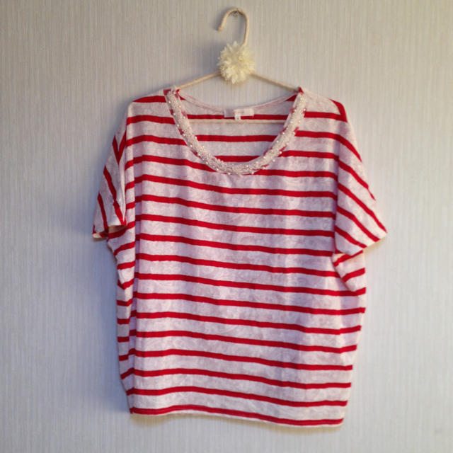 grove(グローブ)の透けレース赤ボーダーブラウス♡ レディースのトップス(シャツ/ブラウス(半袖/袖なし))の商品写真