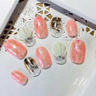 【4U nail 003】ピンク×ホワイト貝殻ネイル