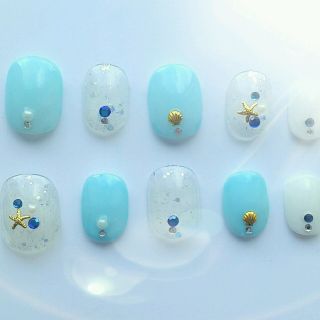             *ライトブルークリアsummer* ハンドメイドのアクセサリー(ネイルチップ)の商品写真