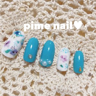 【pime nail♥︎∗*ﾟ】うるツヤ✨爽やかブルー押し花ターコイズネイル