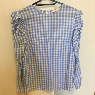 エイチアンドエム(H&M)のH&M ブラウス フリル チェック 水色(シャツ/ブラウス(長袖/七分))