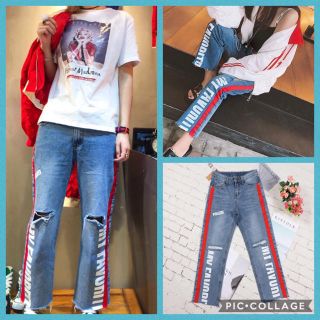 ❤️限定品❤️ ラインパンツ クラッシュデニムパンツ THRASHER 系(デニム/ジーンズ)