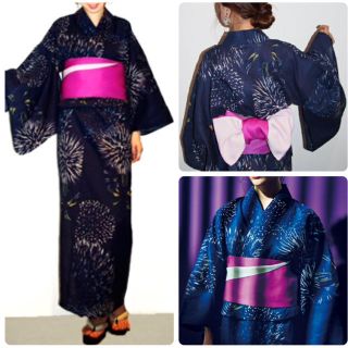 ムルーア(MURUA)のMURUA 花火柄 浴衣 & リバーシブル帯 セット売り まとめ売り 紺色(浴衣)