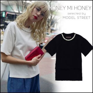 ハニーミーハニー(Honey mi Honey)のパールネックTシャツ ブラック(Tシャツ(半袖/袖なし))