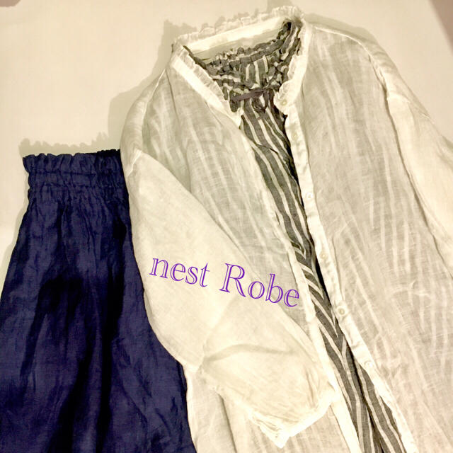 nest Robe(ネストローブ)のnest Robe ストライプリネンワンピース レディースのワンピース(ひざ丈ワンピース)の商品写真