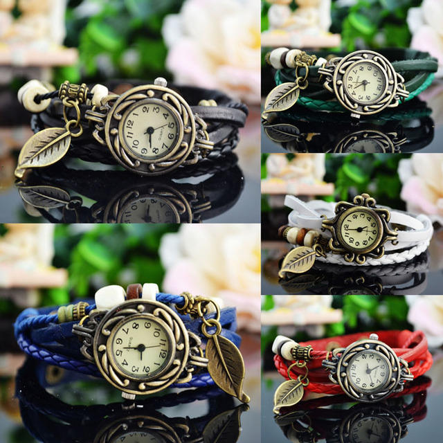 アンティーク調 本革 ブレスレット 腕時計 チャーム リーフ ウォッチ レディースのファッション小物(腕時計)の商品写真