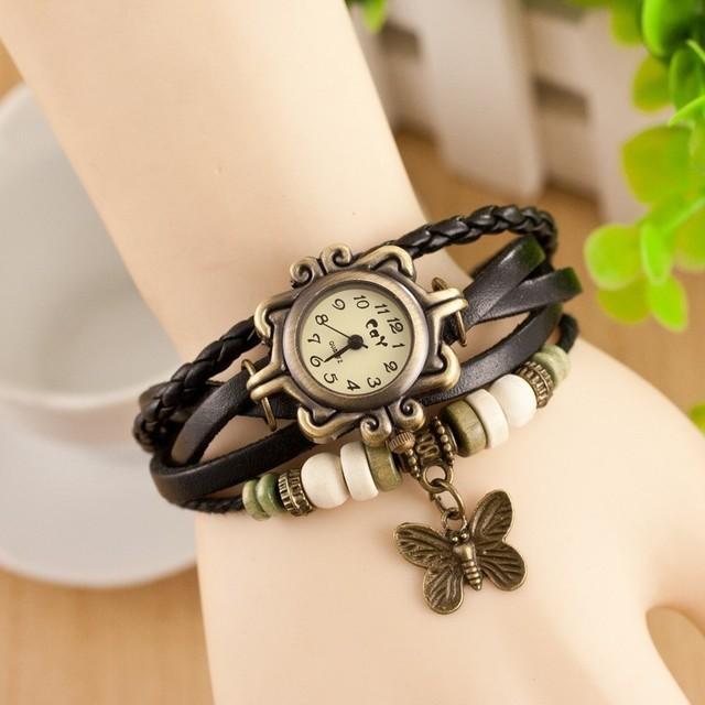 アンティーク調 本革 ブレスレット 腕時計 チャーム バタフライ ウォッチ レディースのファッション小物(腕時計)の商品写真