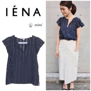 イエナ(IENA)の美品❣️IENA コットンシルクドビーストライプブラウス ネイビー(シャツ/ブラウス(半袖/袖なし))