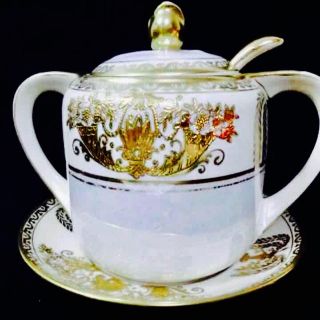 ノリタケ(Noritake)の手塗りオールドノリタケ金盛り上げスープポット3点セット(陶芸)