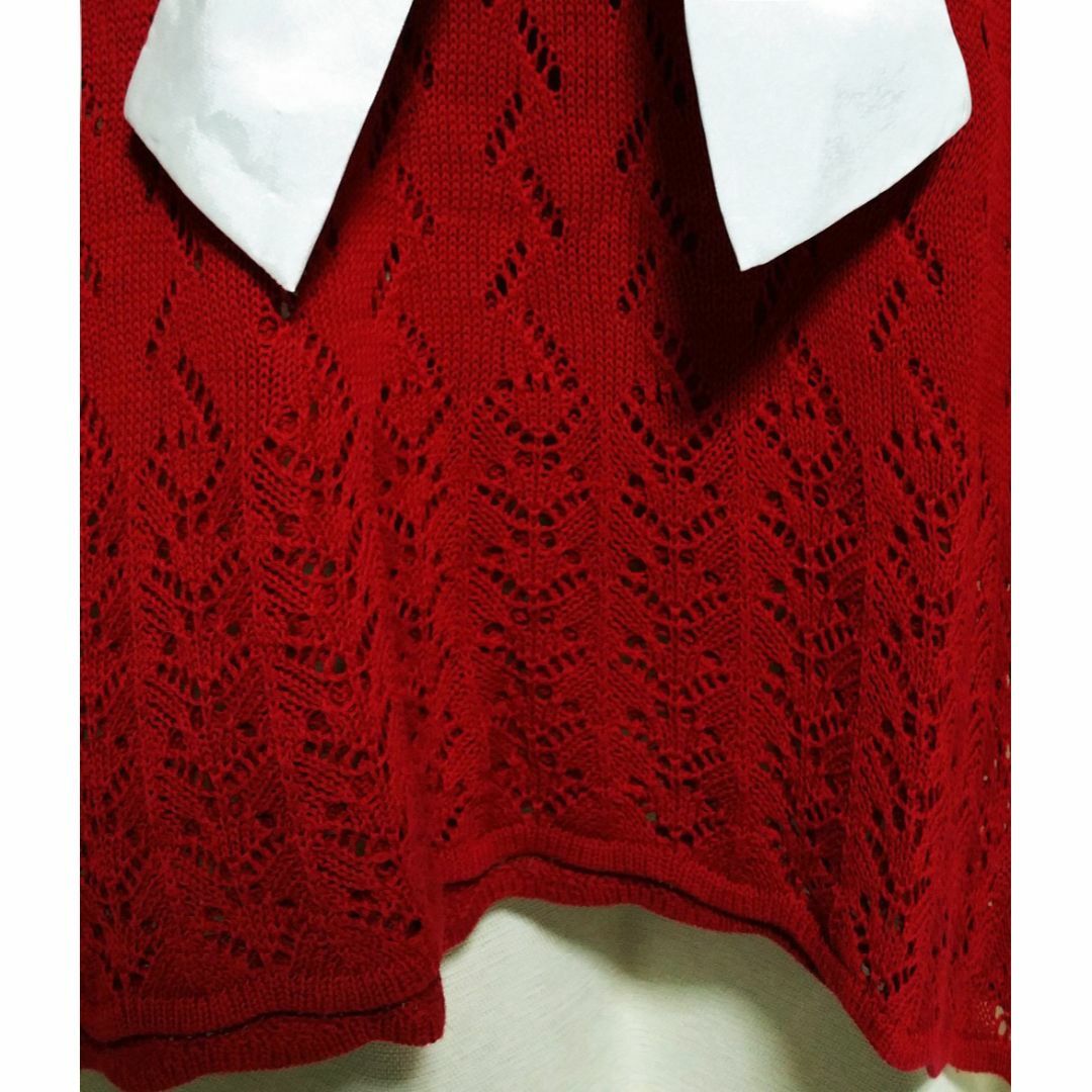 JAYRO(ジャイロ)のジャイロ/クロシェ 鍵編み 透かし編み リボン 半袖 チュニック カットソー 赤 レディースのトップス(チュニック)の商品写真