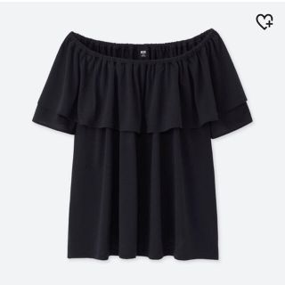 ユニクロ(UNIQLO)のUNIQLO 2wayラッフルオフショルダーT ネイビー M ユニクロ(カットソー(半袖/袖なし))