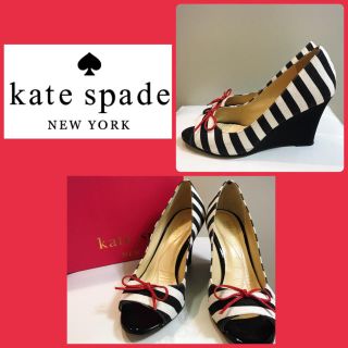 ケイトスペードニューヨーク(kate spade new york)の定価3.8万♡ケイトスペード♡ボーダー×レッドリボン ウエッジ パンプス♡(ハイヒール/パンプス)