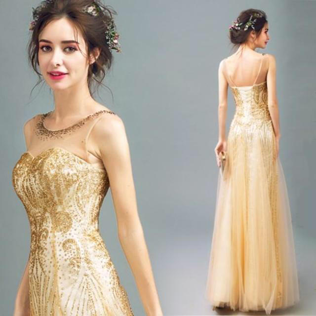 結婚式 お色直しカラードレス♡ゴールド レディースのフォーマル/ドレス(ウェディングドレス)の商品写真