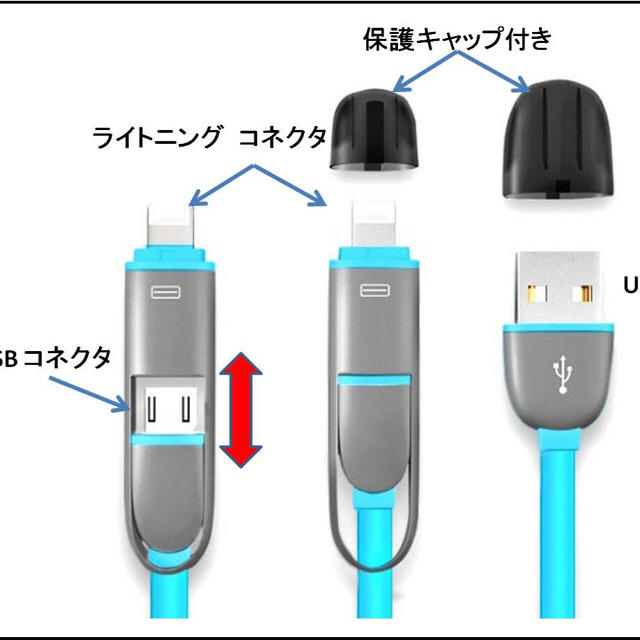 2in1 ライトニング & アンドロイド両用USBケーブル 1m  スマホ/家電/カメラのスマホアクセサリー(その他)の商品写真