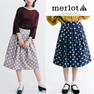 メルロー(merlot)の秋の新作* ⑅⃝◌*メルロー ドット柄コーデュロイスカート 紺(ひざ丈スカート)