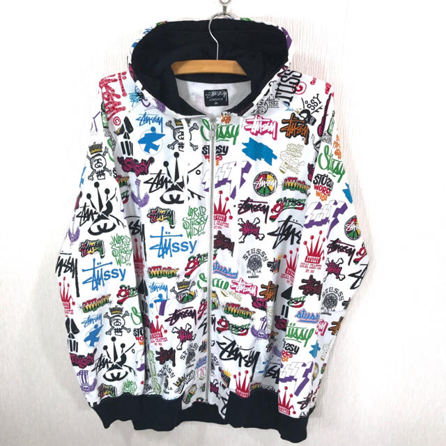 STUSSY - ステューシー ♪ 総柄パーカー M 白 L〜 xL 相当 ジップ ロゴパーカーの通販 by pogo's shop