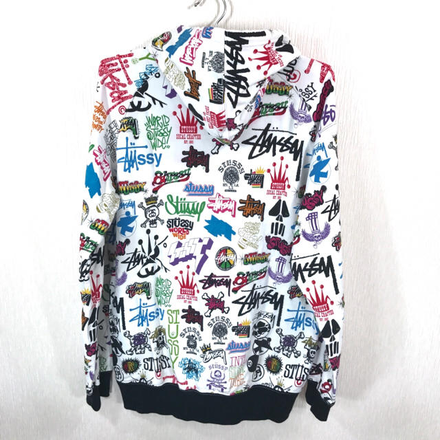 STUSSY - ステューシー ♪ 総柄パーカー M 白 L〜 xL 相当 ジップ ロゴ ...