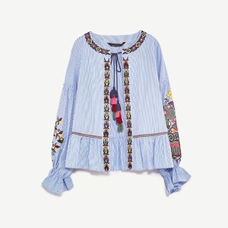 ザラ(ZARA)の 新品未使用 Mサイズ 刺繍 ストライプ シャツ ジャケット(シャツ/ブラウス(長袖/七分))