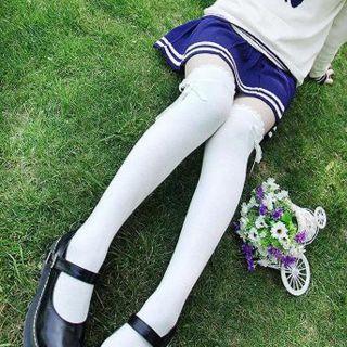 -レースリボンニーハイソックス( 白 )-(ソックス)