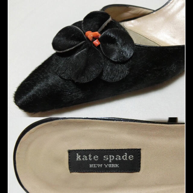 kate spade new york(ケイトスペードニューヨーク)のkate spadeケイトスペード　黒いハラコで花が付いたミュール5.5 レディースの靴/シューズ(ミュール)の商品写真