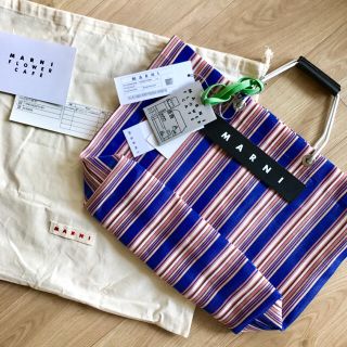 マルニ(Marni)の新品タグ付き★送料込・補償有 マルニフラワーカフェ ストライプ バッグ ネイビー(トートバッグ)