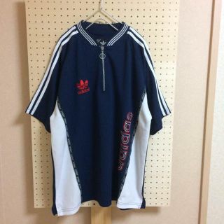 アディダス(adidas)の90s adidas ゲームシャツ トレフォイル ビッグシルエット 紺白 (Tシャツ/カットソー(半袖/袖なし))