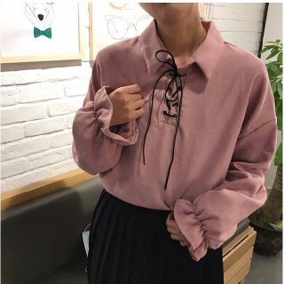 2点10%◎3点15%OFF◎フロントリボン　フリルシャツ　ピンク(シャツ/ブラウス(長袖/七分))